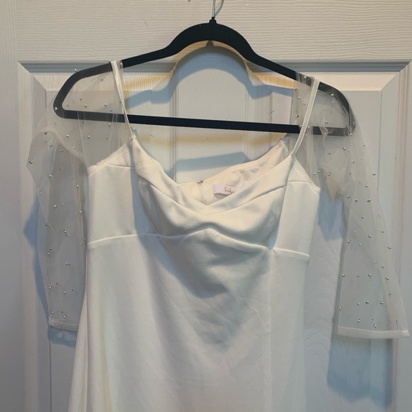 Lulus Eternally Beloved White Mesh Off-the-Shoulder Pearl Maxi Dress Large # - Picture 6 of 6